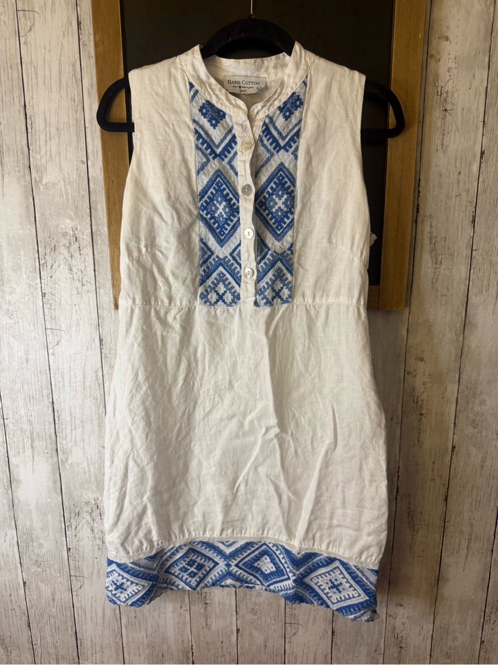 Harris Cotton Embroidered A-Line Linen Dress White Blue Pattern Small